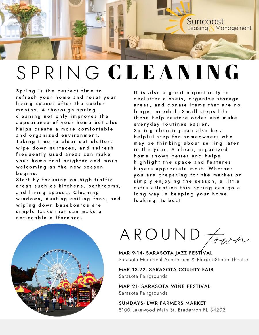 Spring Cleaning tips for home refresh plus Around Town March events: Mar 9-14 Sarasota Jazz Festival, Mar 13-22 Sarasota County Fair at Sarasota Fairgrounds, Mar 21 Sarasota Wine Festival, Sundays LWR Farmers Market at 8100 Lakewood Main St Bradenton.