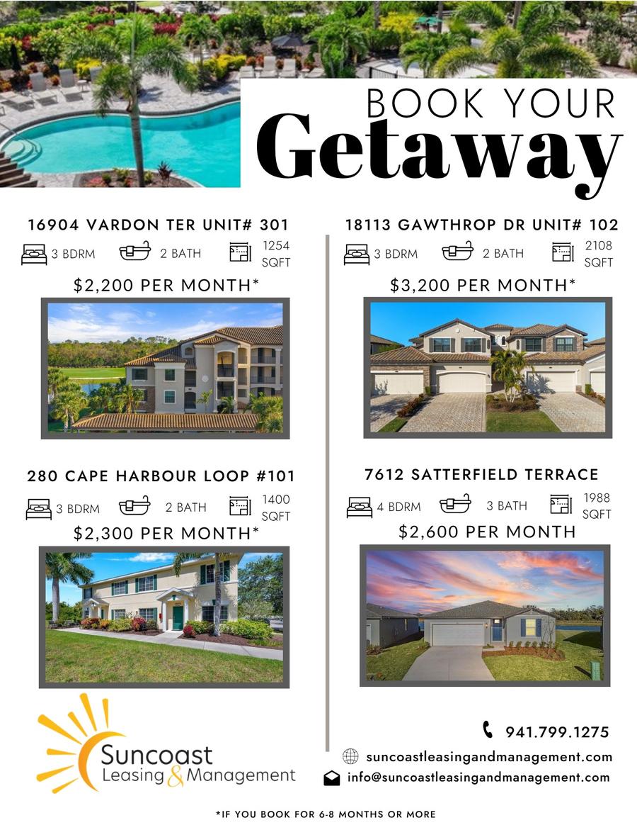 Book Your Getaway Rentals: 16904 Vardon Ter Unit 301 - 3bed/2bath 1254sqft $2,200/mo. 18113 Gawthrop Dr Unit 102 - 3bed/2bath 2108sqft $3,200/mo. 280 Cape Harbour Loop #101 - 3bed/2bath 1400sqft $2,300/mo. 7612 Satterfield Terrace - 4bed/3bath 1988sqft $2,600/mo.