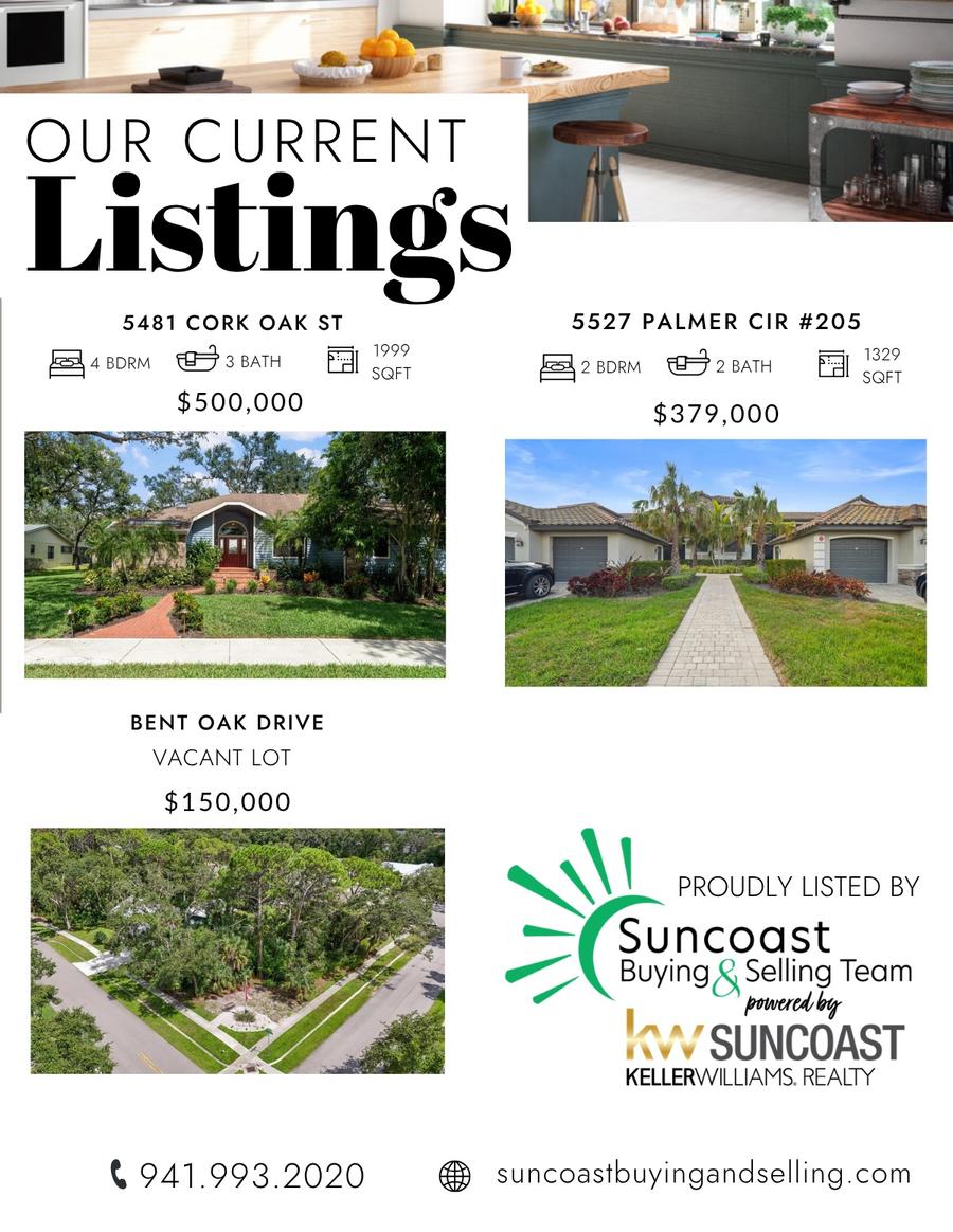 Current Listings: 5481 Cork Oak St - 4bed/3bath 1999sqft $500,000. 5527 Palmer Cir #205 - 2bed/2bath 1329sqft $379,000. Bent Oak Drive vacant lot $150,000. Proudly listed by Suncoast Buying and Selling Team.