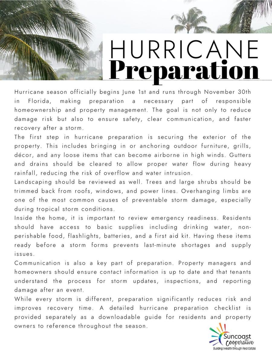 Hurricane Preparation - Florida season June 1 through November 30