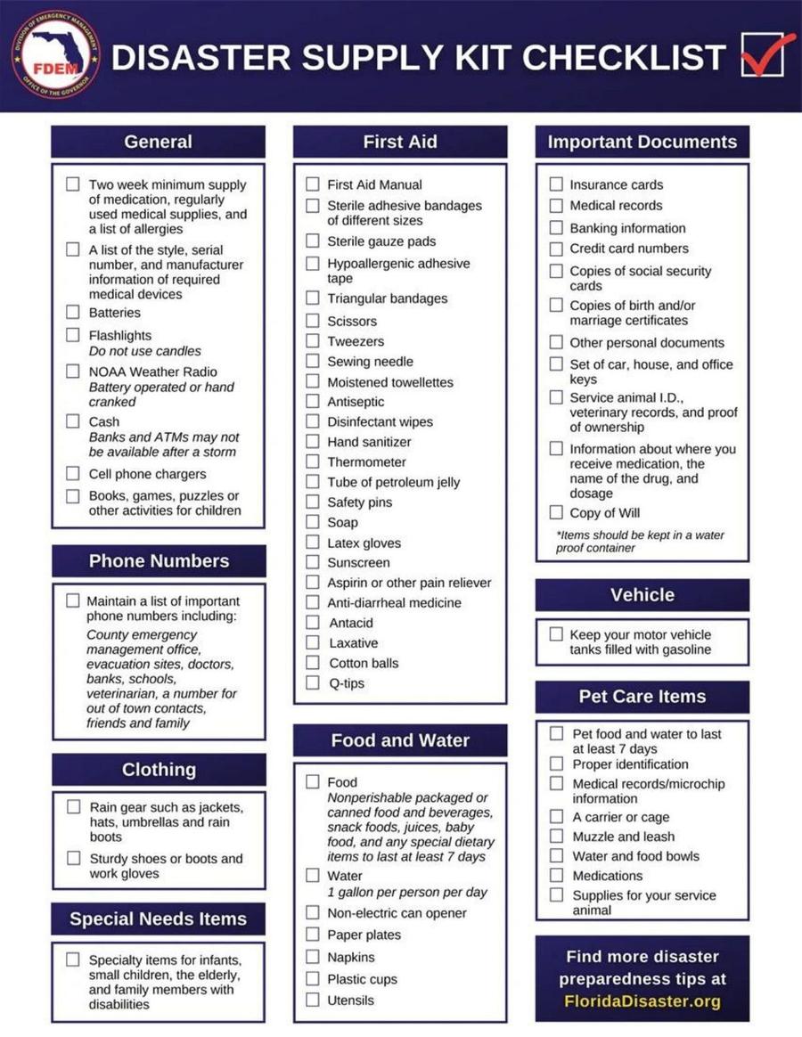 Florida Division of Emergency Management Disaster Supply Kit Checklist