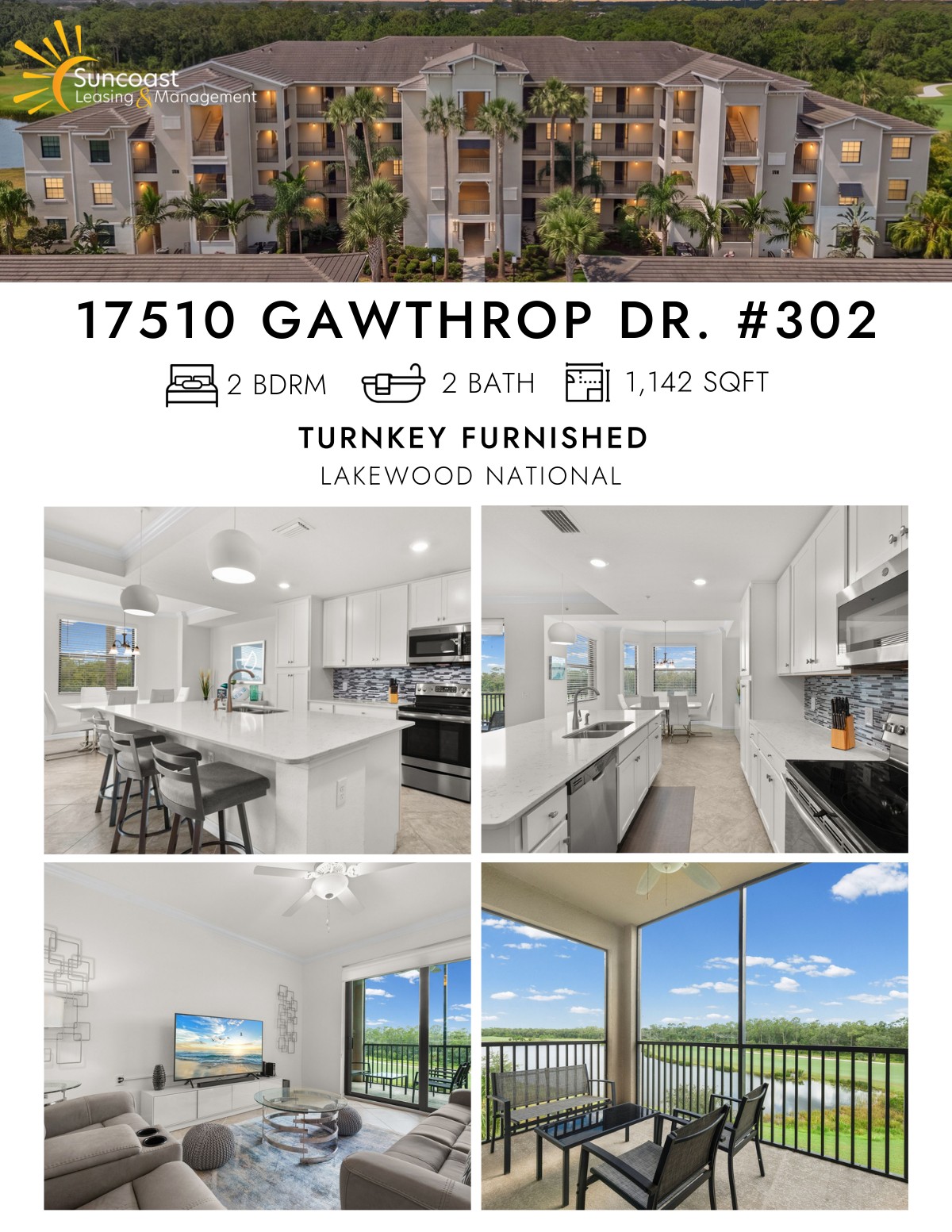 New listing - 17510 Gawthrop Drive #302 at Lakewood National, 2 bedroom, 2 bath, 1,142 square feet, turnkey furnished